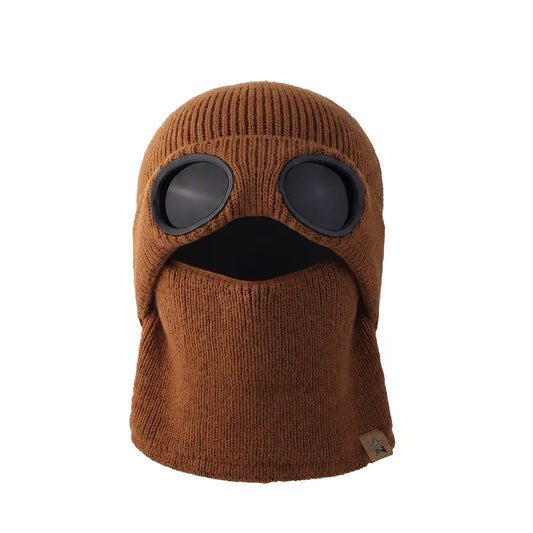 Original Design Ribbed Knit Face Covering Beanie with Integrated Goggle-Style Panels, Eye and Face Opening Design, Extended Neck Warmer Shape, Multiple Solid Colors for Outdoor Layering, Casual Streetwear and Cold-Season Daily Styling