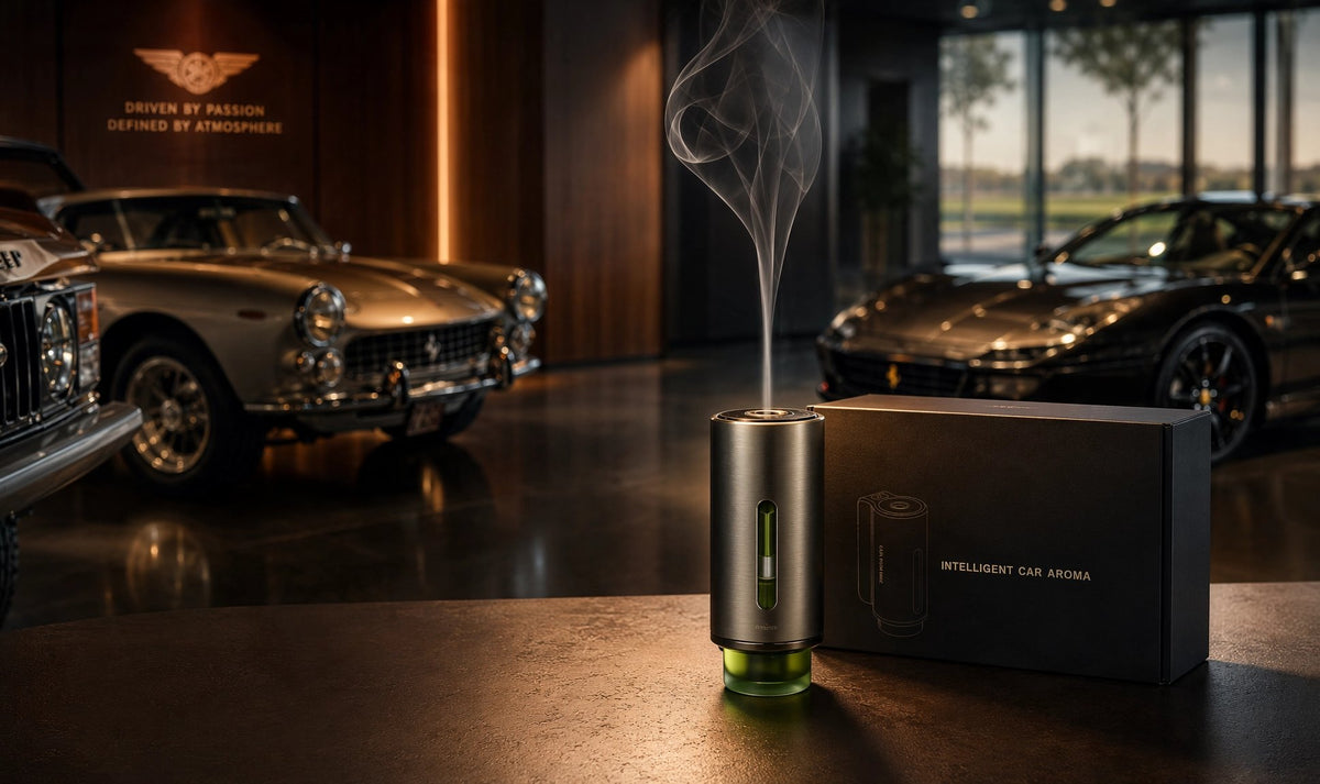 Man's Fortune smart diffuser with its gift box in a classic car showroom